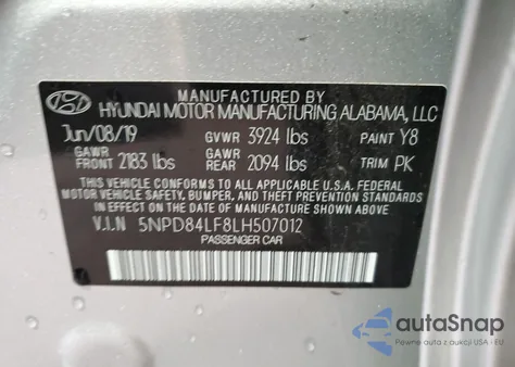 2020 Hyundai Elantra Sel z USA, uszkodzony, nr VIN 5NPD84LF8LH507012